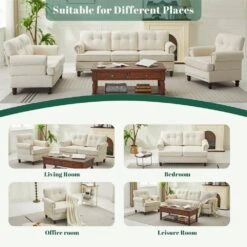 Modern 2-Piece Beige Polyester Nailhead Trim Flared Arm Tufted Back Sofa Set Chair And Loveseat Sofa Living Room Set 13 Modern 2-Piece Beige Polyester Nailhead Trim Flared Arm Tufted Back Sofa Set Chair And Loveseat Sofa Living Room Set -More Furniture Store beige white jearey living room sets 7ty beige 31 1000