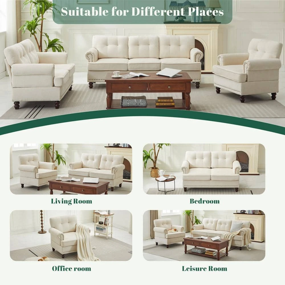 Modern 2-Piece Beige Polyester Nailhead Trim Flared Arm Tufted Back Sofa Set Chair And Loveseat Sofa Living Room Set 7 Modern 2-Piece Beige Polyester Nailhead Trim Flared Arm Tufted Back Sofa Set Chair And Loveseat Sofa Living Room Set - Image 7
