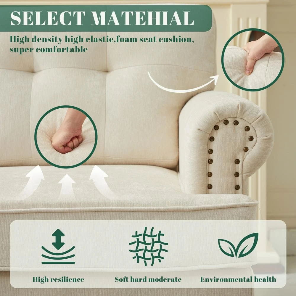 Modern 2-Piece Beige Polyester Nailhead Trim Flared Arm Tufted Back Sofa Set Chair And Loveseat Sofa Living Room Set 6 Modern 2-Piece Beige Polyester Nailhead Trim Flared Arm Tufted Back Sofa Set Chair And Loveseat Sofa Living Room Set - Image 6