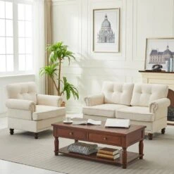 Modern 2-Piece Beige Polyester Nailhead Trim Flared Arm Tufted Back Sofa Set Chair And Loveseat Sofa Living Room Set