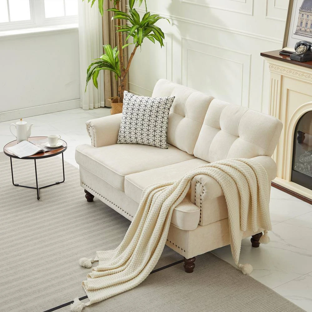 Modern 2-Piece Beige Polyester Nailhead Trim Flared Arm Tufted Back Sofa Set Chair And Loveseat Sofa Living Room Set 3 Modern 2-Piece Beige Polyester Nailhead Trim Flared Arm Tufted Back Sofa Set Chair And Loveseat Sofa Living Room Set - Image 3