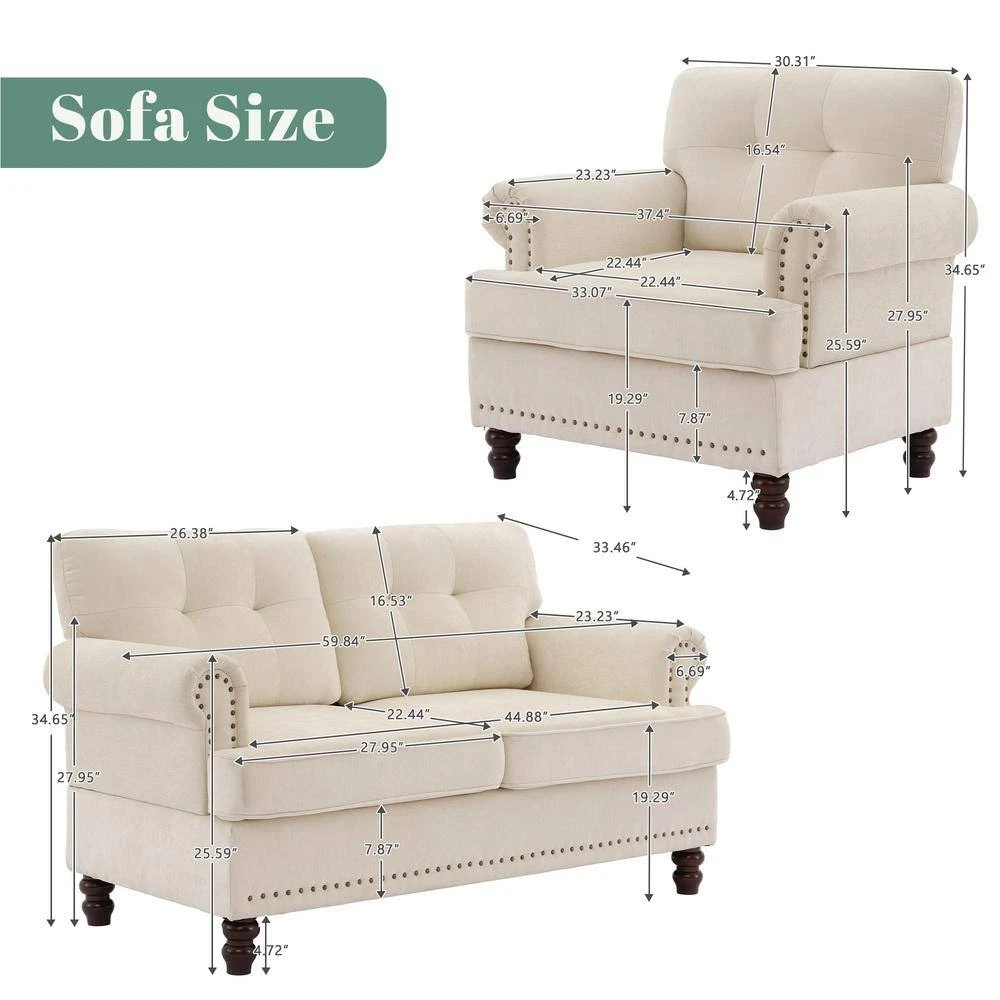 Modern 2-Piece Beige Polyester Nailhead Trim Flared Arm Tufted Back Sofa Set Chair And Loveseat Sofa Living Room Set 2 Modern 2-Piece Beige Polyester Nailhead Trim Flared Arm Tufted Back Sofa Set Chair And Loveseat Sofa Living Room Set - Image 2