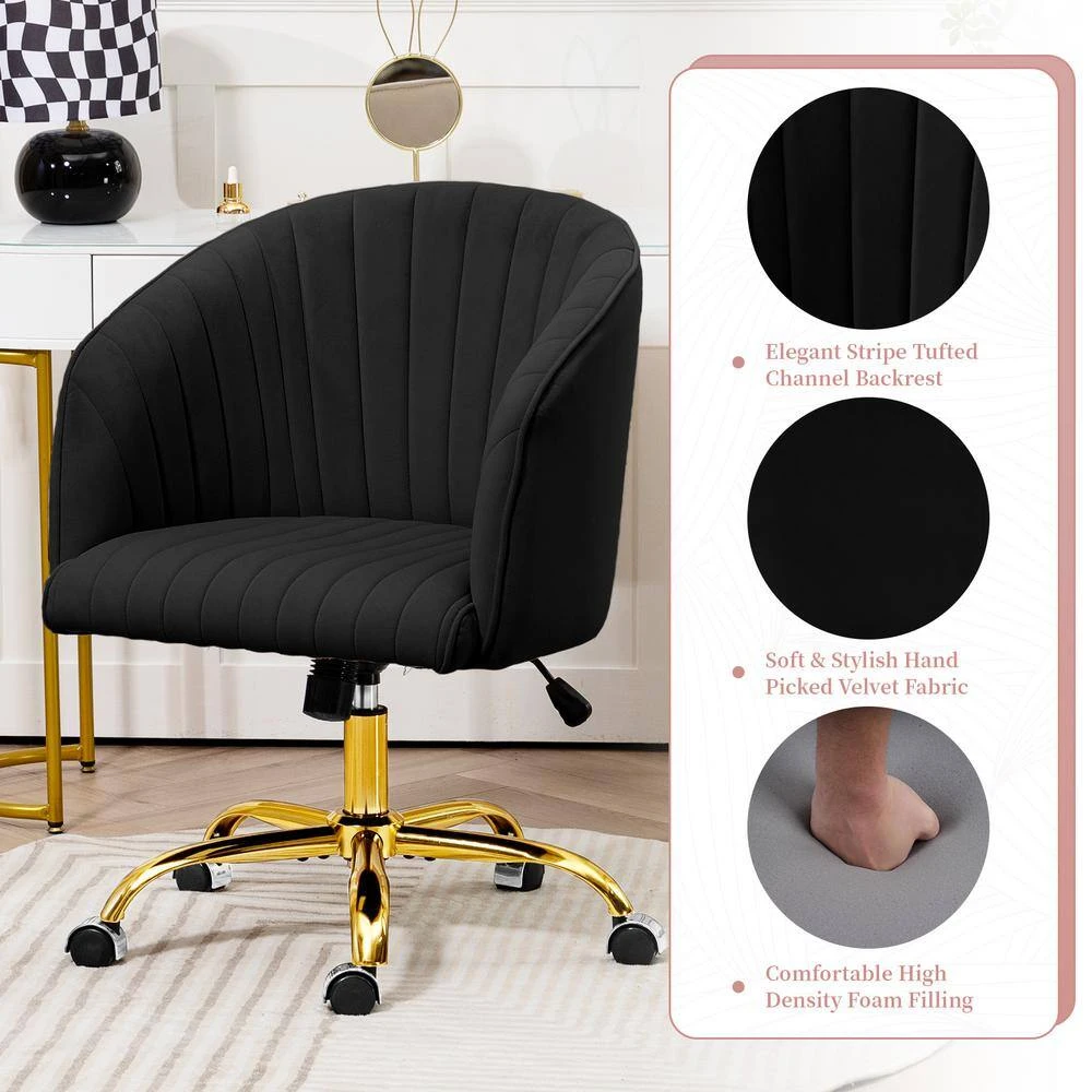 Modern Black Velvet Height Adjustable Office Desk Chair With Upholstered Back For Home Office Bedroom Study 6 Modern Black Velvet Height Adjustable Office Desk Chair With Upholstered Back For Home Office Bedroom Study - Image 6
