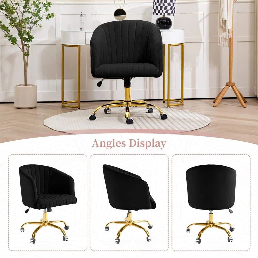 Modern Black Velvet Height Adjustable Office Desk Chair With Upholstered Back For Home Office Bedroom Study 3 Modern Black Velvet Height Adjustable Office Desk Chair With Upholstered Back For Home Office Bedroom Study - Image 3