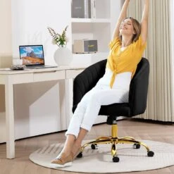 Modern Black Velvet Height Adjustable Office Desk Chair With Upholstered Back For Home Office Bedroom Study 14 Modern Black Velvet Height Adjustable Office Desk Chair With Upholstered Back For Home Office Bedroom Study -More Furniture Store black jearey accent chairs kwhf black fa 1000