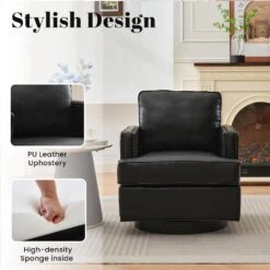 Black PU Leather 360° Swivel Nailhead Trim Button-tufted Accent Arm Chair With Cushion -More Furniture Store black jearey accent chairs pewy black 1f 1000