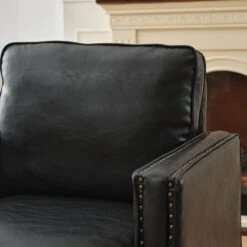 Black PU Leather 360° Swivel Nailhead Trim Button-tufted Accent Arm Chair With Cushion -More Furniture Store black jearey accent chairs pewy black 31 1000