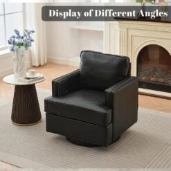 Black PU Leather 360° Swivel Nailhead Trim Button-tufted Accent Arm Chair With Cushion -More Furniture Store black jearey accent chairs pewy black 44 1000