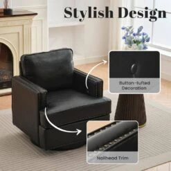 Black PU Leather 360° Swivel Nailhead Trim Button-tufted Accent Arm Chair With Cushion -More Furniture Store black jearey accent chairs pewy black 4f 1000
