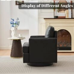 Black PU Leather 360° Swivel Nailhead Trim Button-tufted Accent Arm Chair With Cushion -More Furniture Store black jearey accent chairs pewy black 76 1000