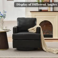 Black PU Leather 360° Swivel Nailhead Trim Button-tufted Accent Arm Chair With Cushion -More Furniture Store black jearey accent chairs pewy black fa 1000