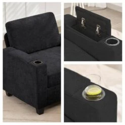 Modern Black Chenille Storage Accent Armchair With Cup Holder And Ottoman For Living -More Furniture Store black jearey accent chairs xnecw 1 black 4f 1000