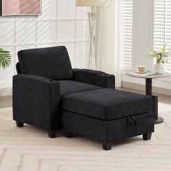 Modern Black Chenille Storage Accent Armchair With Cup Holder And Ottoman For Living