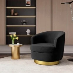 More Furniture Store 33 Nancy Modern 360° Swivel Black Non-falling Velvet Fabric Barrel Accent Armchair For Bedroom Or Living Room