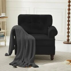 Modern Black Chenille Upholstered Nailhead Trim Accent Arm Chair For Living Room -More Furniture Store black jearey accent chairs xtld navy 1f 1000