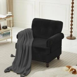 Modern Black Chenille Upholstered Nailhead Trim Accent Arm Chair For Living Room -More Furniture Store black jearey accent chairs xtld navy 31 1000