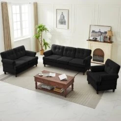 Modern 3-Piece Black Chenille Living Room Set With Nailhead Trim And Rubberwood Legs -More Furniture Store black jearey living room sets ldsf 123set black 31 1000