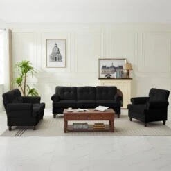 Modern 3-Piece Black Chenille Living Room Set With Nailhead Trim And Rubberwood Legs