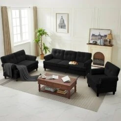 Modern 3-Piece Black Chenille Living Room Set With Nailhead Trim And Rubberwood Legs -More Furniture Store black jearey living room sets ldsf 123set black c3 1000