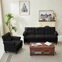 Modern 2-Piece Black Chenille Living Room Set With Nailhead Trim And Rubberwood Legs