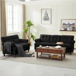 Modern 2-Piece Black Chenille Loveseat And Sofa Living Room Set With Nailhead Trim And Rubberwood Legs -More Furniture Store black jearey living room sets ldsf 23set black 44 1000