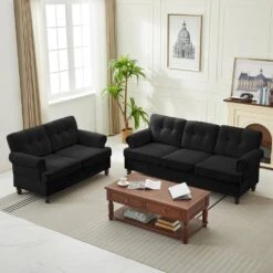 Modern 2-Piece Black Chenille Loveseat And Sofa Living Room Set With Nailhead Trim And Rubberwood Legs
