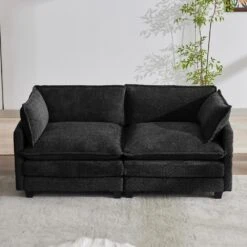 Modern 76.77 In. Black Looped Velvet Loveseat With Two Pillows For Living