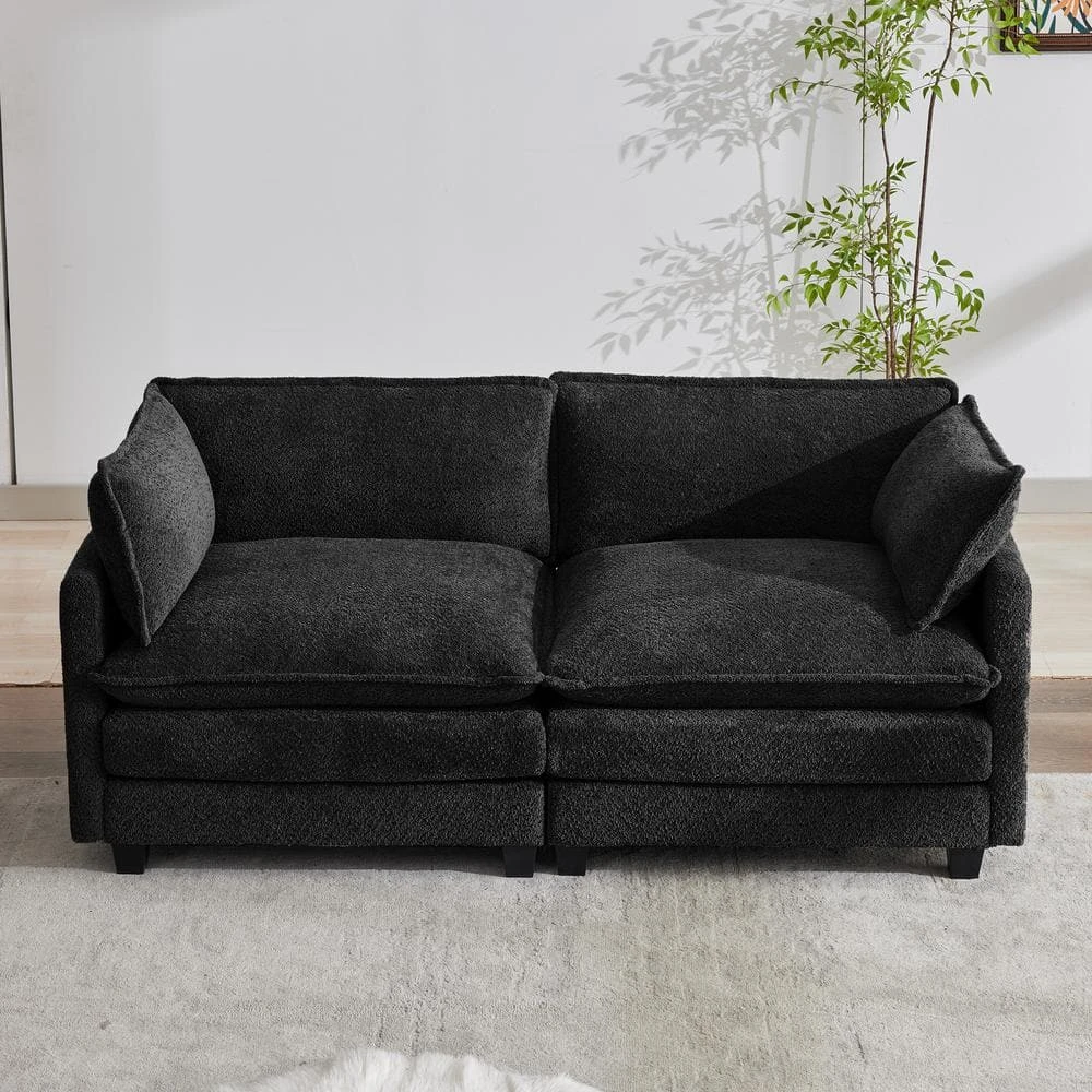 Modern 76.77 In. Black Looped Velvet Loveseat With Two Pillows For Living 1 Modern 76.77 In. Black Looped Velvet Loveseat With Two Pillows For Living