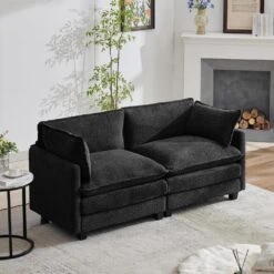 Modern 76.77 In. Black Looped Velvet Loveseat With Two Pillows For Living 14 Modern 76.77 In. Black Looped Velvet Loveseat With Two Pillows For Living -More Furniture Store black jearey loveseats xes 5 grey fa 1000