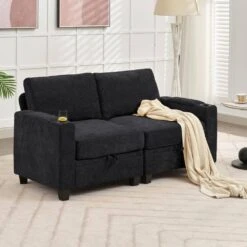 Modern 64.6 In Black Chenille Storage Loveseat With Cup Holder And Ottoman For Living -More Furniture Store black jearey loveseats xnecw 2 black 31 1000