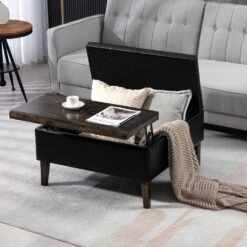 Black Faux Leather And Solid Wood Duplex Tufted Upholstered Lift-Top Ottoman Bench With Large Square Storage -More Furniture Store black jearey ottomans e91gjd hd bk 31 1000