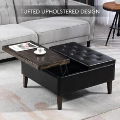 Black Faux Leather And Solid Wood Duplex Tufted Upholstered Lift-Top Ottoman Bench With Large Square Storage -More Furniture Store black jearey ottomans e91gjd hd bk 4f 1000