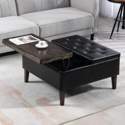 Black Faux Leather And Solid Wood Duplex Tufted Upholstered Lift-Top Ottoman Bench With Large Square Storage