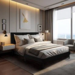 Alex Black Full Upholstered Platform Bed Frame With Headboard -More Furniture Store black jearey platform beds e111cj full black 31 1000