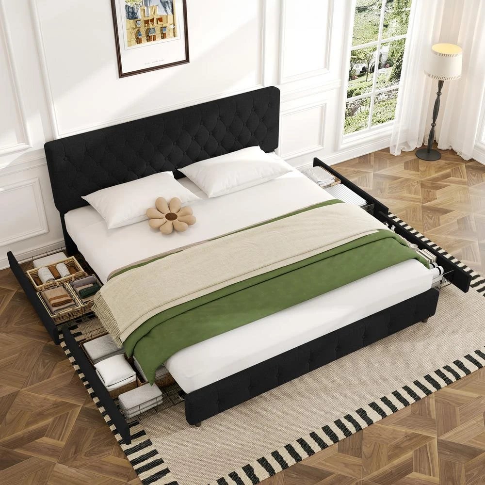 Black King Linen Upholstered Storage Platform Bed Frame With Headboard 6 Black King Linen Upholstered Storage Platform Bed Frame With Headboard - Image 6