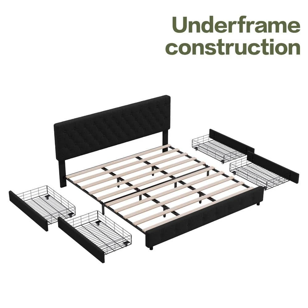 Black King Linen Upholstered Storage Platform Bed Frame With Headboard 4 Black King Linen Upholstered Storage Platform Bed Frame With Headboard - Image 4