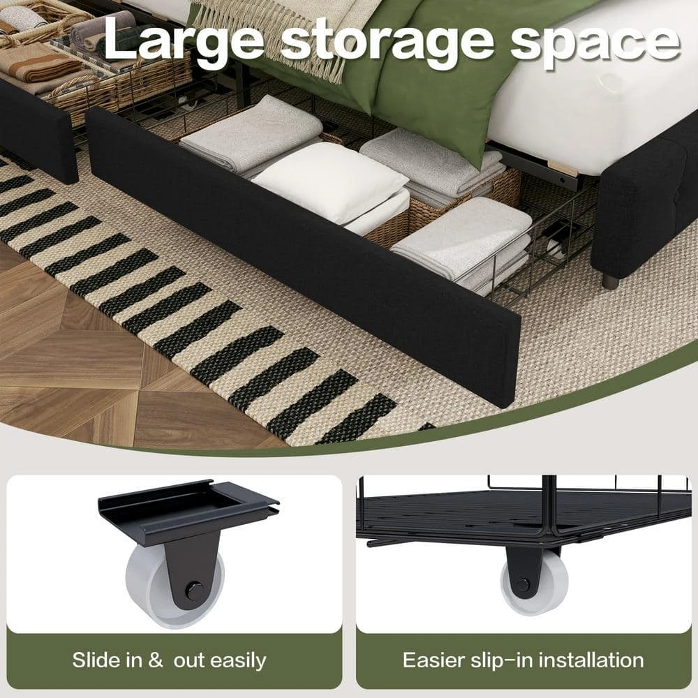 Black King Linen Upholstered Storage Platform Bed Frame With Headboard 3 Black King Linen Upholstered Storage Platform Bed Frame With Headboard - Image 3