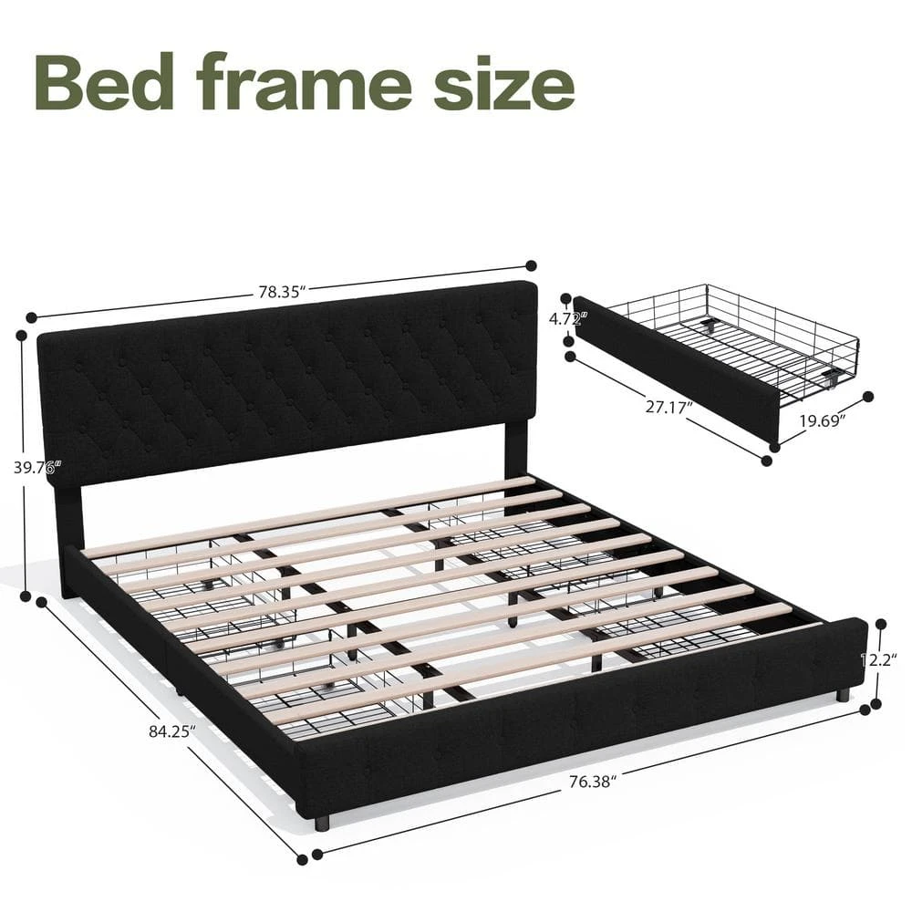 Black King Linen Upholstered Storage Platform Bed Frame With Headboard 2 Black King Linen Upholstered Storage Platform Bed Frame With Headboard - Image 2