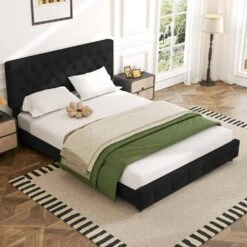 Black Queen Linen Upholstered Storage Platform Bed Frame With Headboard