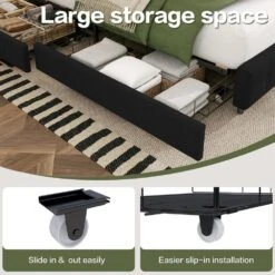 Black Queen Linen Upholstered Storage Platform Bed Frame With Headboard -More Furniture Store black jearey platform beds ty hd khaki c3 1000