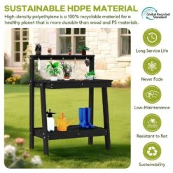 45.5 In. H X 34.8 In. W X 17.7 In. D Black HDPE Potting Bench Table, Multi-Purpose Plant And Storage Shelf -More Furniture Store black jearey potting benches and tables jyyygzt bk 44 1000