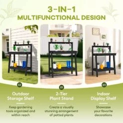 45.5 In. H X 34.8 In. W X 17.7 In. D Black HDPE Potting Bench Table, Multi-Purpose Plant And Storage Shelf -More Furniture Store black jearey potting benches and tables jyyygzt bk c3 1000