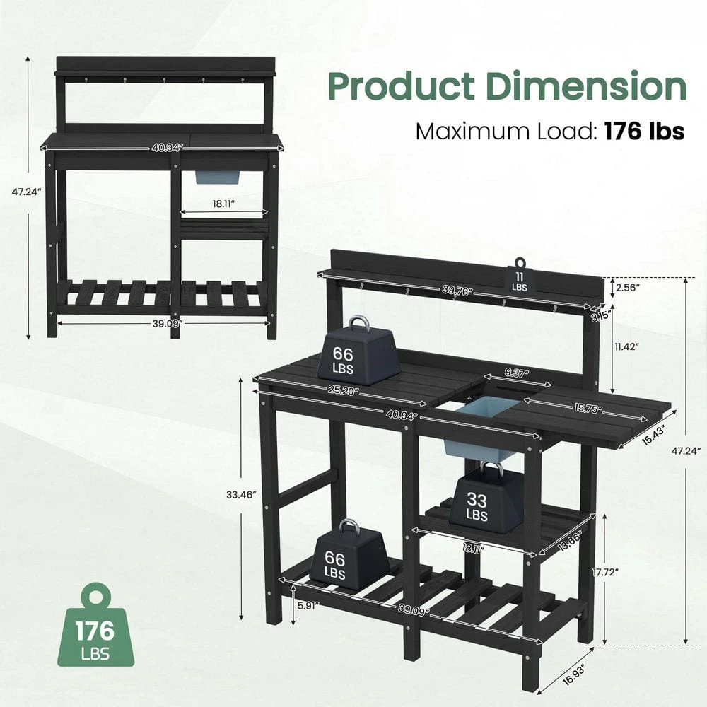 40.94 In. W X 47.24 In. H Black HDPE Weather-Resistant Garden Potting Bench Table With Storage Shelf 7 40.94 In. W X 47.24 In. H Black HDPE Weather-Resistant Garden Potting Bench Table With Storage Shelf - Image 7