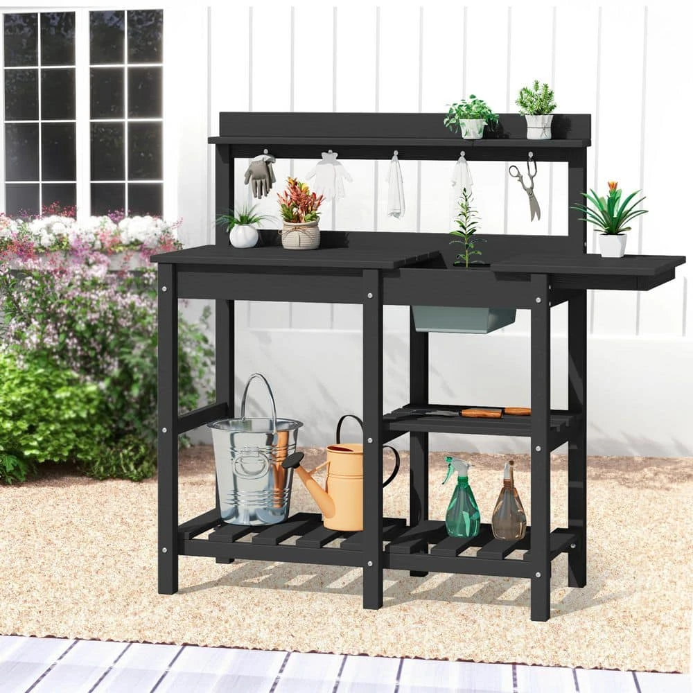 40.94 In. W X 47.24 In. H Black HDPE Weather-Resistant Garden Potting Bench Table With Storage Shelf 2 40.94 In. W X 47.24 In. H Black HDPE Weather-Resistant Garden Potting Bench Table With Storage Shelf - Image 2