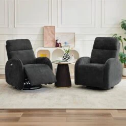 Chenille Black 3-Position Swivel Power Nursery Recliner With USB And Induction Light Strip For Living Room (Set Of 2) -More Furniture Store black jearey recliners rc sw black 31 1000
