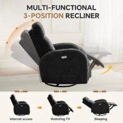 Chenille Black 3-Position Swivel Power Nursery Recliner With USB And Induction Light Strip For Living Room (Set Of 2) -More Furniture Store black jearey recliners rc sw black 44 1000