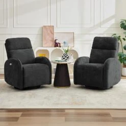Chenille Black 3-Position Swivel Power Nursery Recliner With USB And Induction Light Strip For Living Room (Set Of 2)