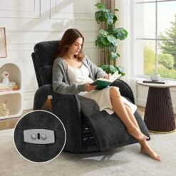 Chenille Black 3-Position Swivel Power Nursery Recliner With USB And Induction Light Strip For Living Room (Set Of 2) -More Furniture Store black jearey recliners rc sw black fa 1000