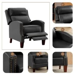 Classic Vintage Cigar Black Hand Push Leather Recliner With Nailhead Trim -More Furniture Store black jearey recliners rc ts black 4f 1000