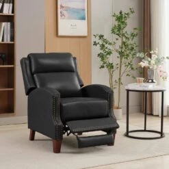 Classic Vintage Cigar Black Hand Push Leather Recliner With Nailhead Trim -More Furniture Store black jearey recliners rc ts black 76 1000